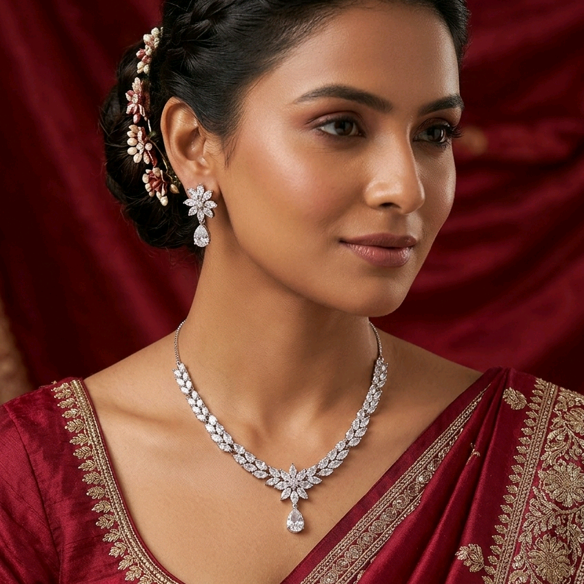 Silver Floral Luxe CZ Nacklace Set 